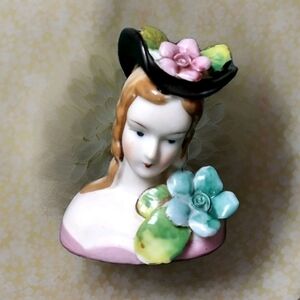 Vintage Porcelain Lady Head Bust Black Hat Pink Dress Occupied Japan Figurine